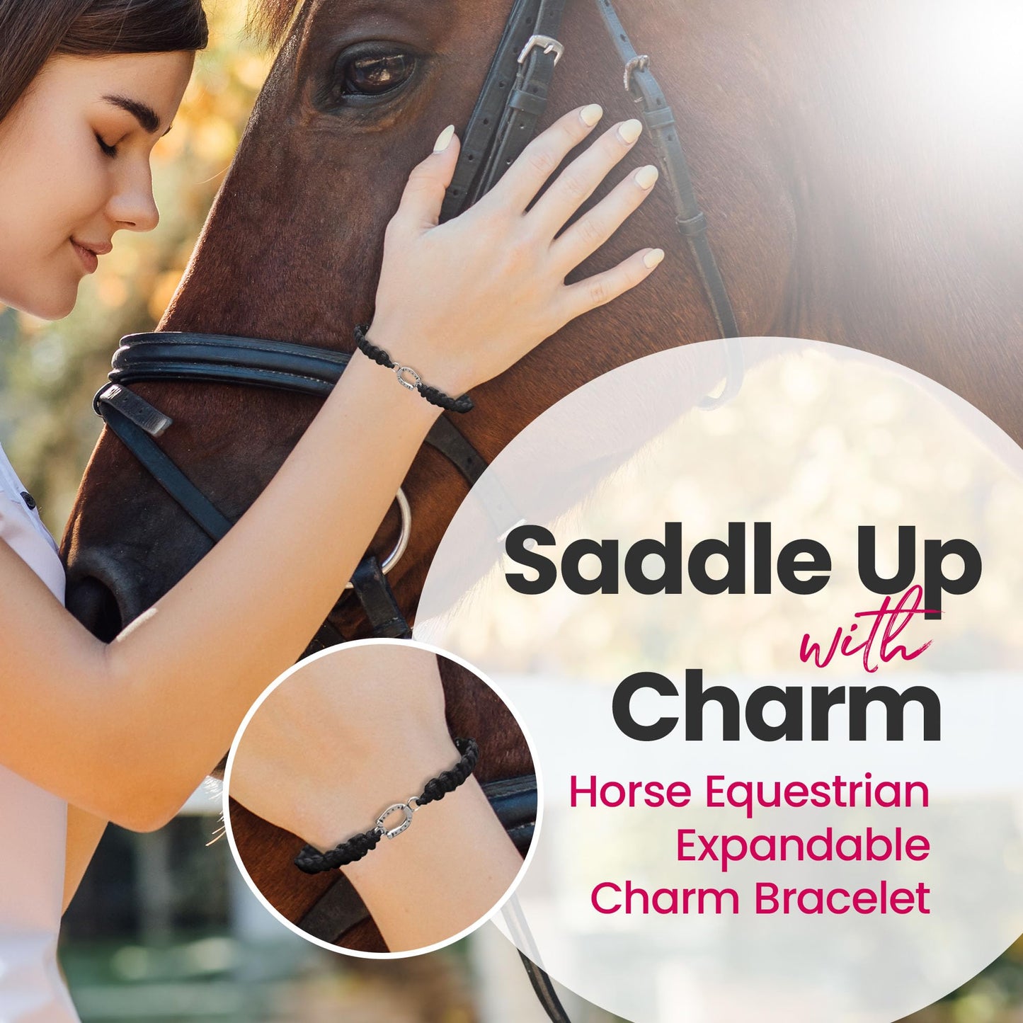 Sportybella Horseshoe Bracelet for Girls & Women - Black Adjustable Rope Bracelet with Silver Horseshoe Charm - Equestrian Jewel