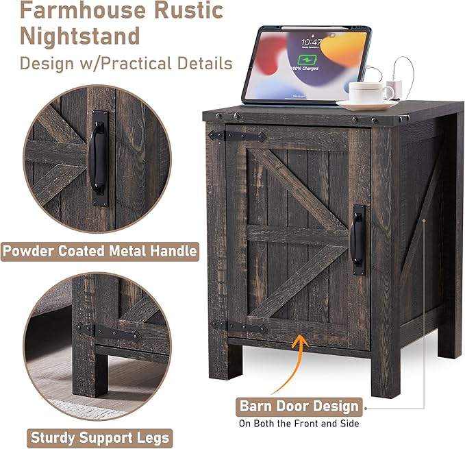 OKD Nightstand with Charging Station, 18 Inch Farmhouse End Table with Barn Door and Adjustable Storage Shelf, Rustic Wood Sofa Side Table w/Magnetic Door for Living Room, Bedroom, Dark Rustic Oak