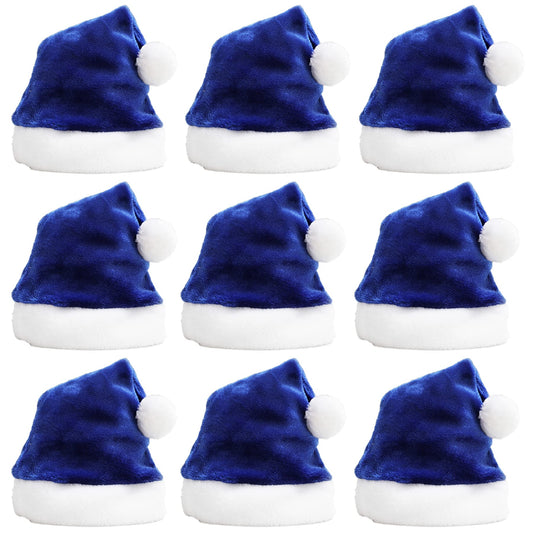 YASUOA Blue Santa Hats Christmas Hat Xmas Claus Cap Bulk Navy Short Plush Comfort Party Decor for Women Men Kids (9 Pieces)