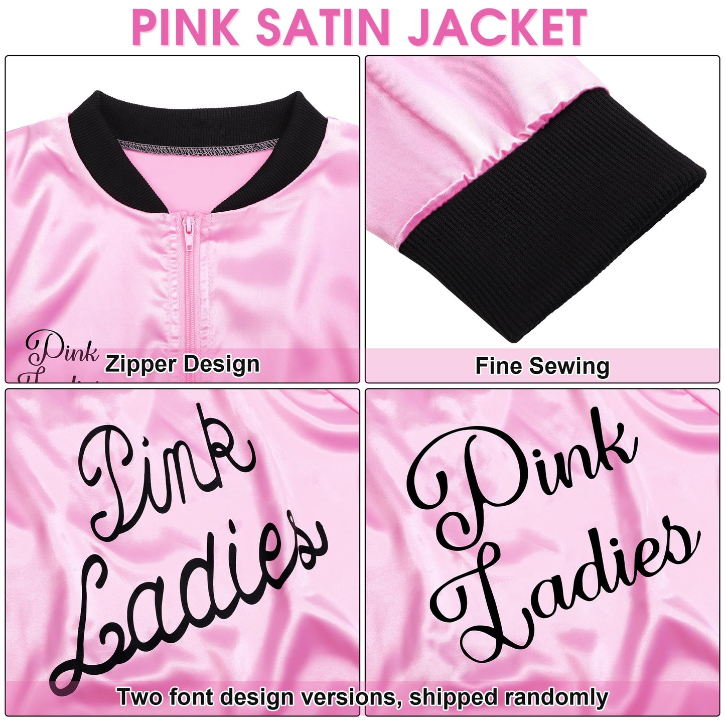 SOMSOC 5 Pieces 1950s Women Pink Satin Jacket with Polka Dot Scarf Headband Earrings Eye Glasses Halloween Party Costume Set