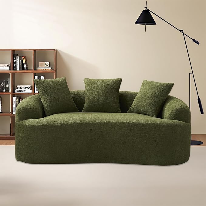 65'' Modern Curved Cloud Loveseat Sectional Sofa for Small Spaces, Luxury Plush Chenille Deep Seat Couch with 3 Pillows, No Assembly Needed Apartment Living Room Furniture, Green