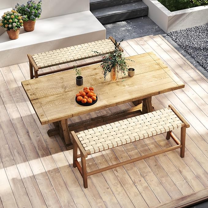 Tangkula Teak Wood Outdoor Bench, Patio Backless Wooden Dining Bench with Weave Seat, Solid Wood Legs, Indoor & Outdoor Wooden Bench for Porch, Backyard, Deck, Entryway (Natural,1)