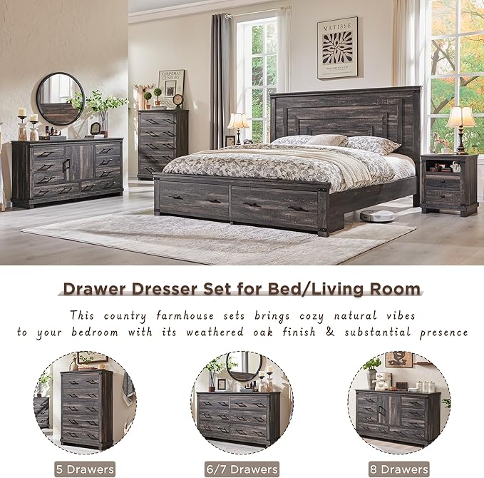 RedLemon Farmhouse Nightstand Set of 2 with Charging Station, 18" Rustic Night Stand with 2 Storage Drawers, Wood End Table for Bedroom, Living Room, Dark Rustic Oak