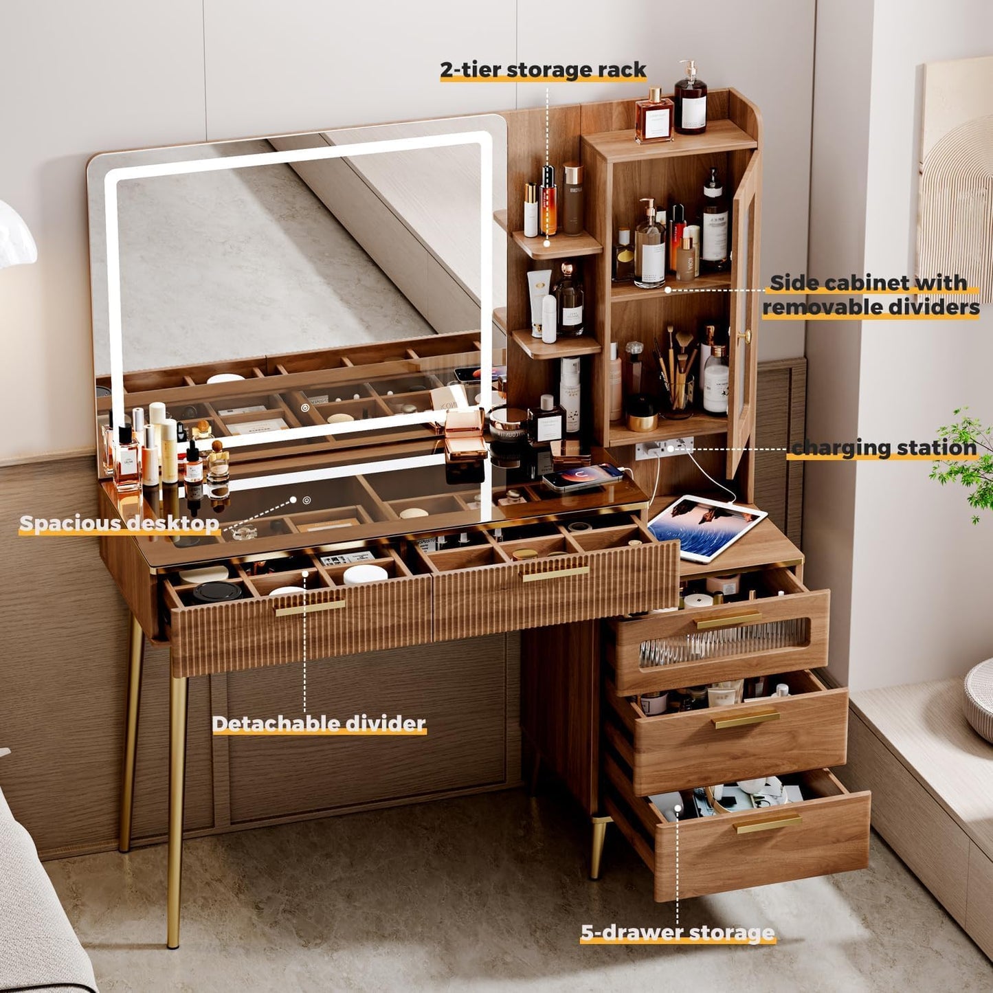 Arulvmrn Vanity Desk with 29.53" HD Lighted Mirror, 47.24" Big Modern Vanity Desk with Mirror and Lights, Makeup Vanity with 5 Drawers and Storage Shelves and Charging Station,Brown1