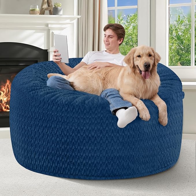 4FT Bean Bag Chair,Giant Bean Bag Chairs for Adults,Big Bean Bags with Memory Foam Filled, Large Beanbag Chairs with Chevron Plush Cover-Blue