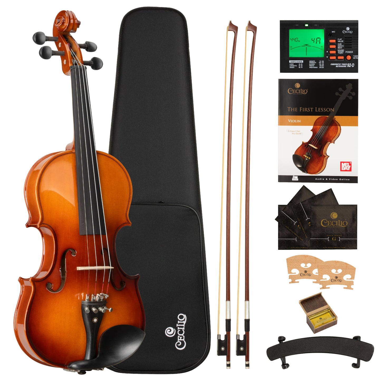 Cecilio 4/4 Left-Handed Violin Set - Solidwood, Varnish Finish, Complete with Case, Bows, Tuner, Rosin & Shoulder Rest