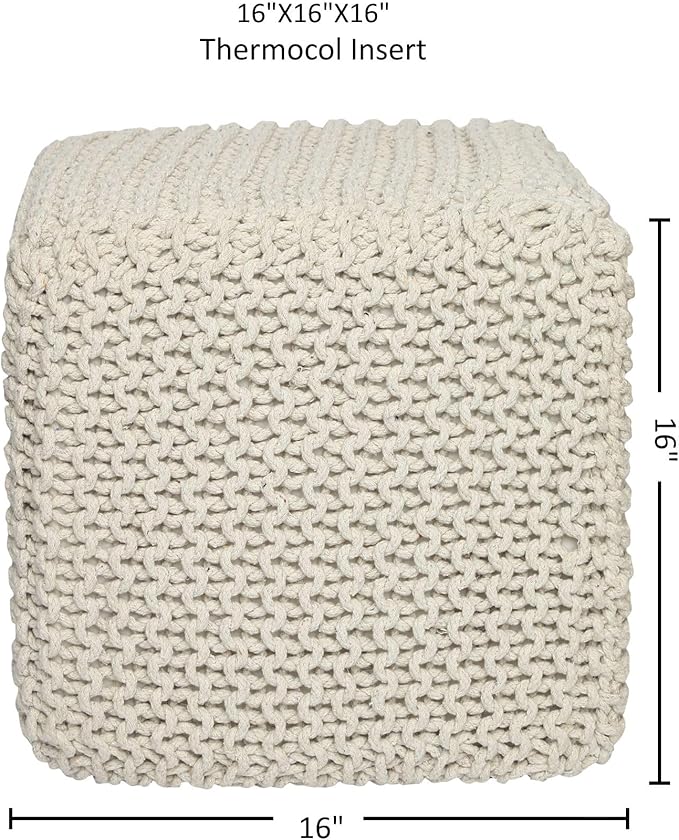 REDEARTH Square Pouf Ottoman Foot Stool - Hand Knitted Bean Bag - Cord Boho Pouffe - Accent Poof for Living Room - Nursery - Bedroom - Kids Bedroom - Patio - 100% Cotton (16" x 16" x 16") - Ivory