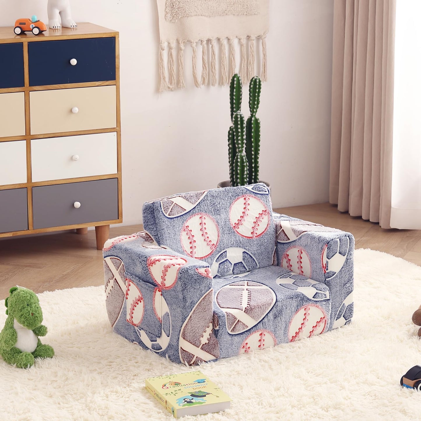 Givjoy Toddler Chair Kids Couch, 2-in-1 Toddler Soft Sherpa Couch Fold Out Armchair Glow in The Dark with Removable Cover, Convertible Reading Chair Toddler Sofa for Kids, Football