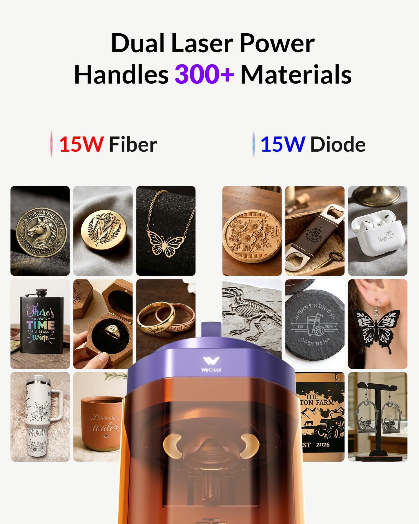 WeCreat Lumos Flex 15W Fiber & 15W Doide Dual Laser Engraver, Built-in 50MP Camera, 10000mm/s Ultra Fast, 3D Embossing, Metal Cutting, Color Marking on Metal, Portable Desktop Laser Engraving Machine
