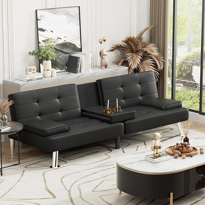 JUMMICO Faux Leather Futon Sofa Bed Futon Couch with Removable Armrests Adjustable Sleeper Sofa Bed with 2 Cup Holders for Living Room (PU Leather, Black)