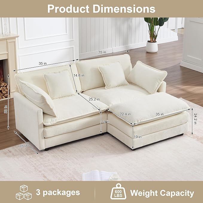 KIVENJAJA Chenille L-Shaped Modular Sectional Sofa, Modern Loveseat Comfy Deep Seat Cloud Couch with Ottoman/Chaise & 4 Pillows for Living Room Office Apartment, 76.7" W, Beige