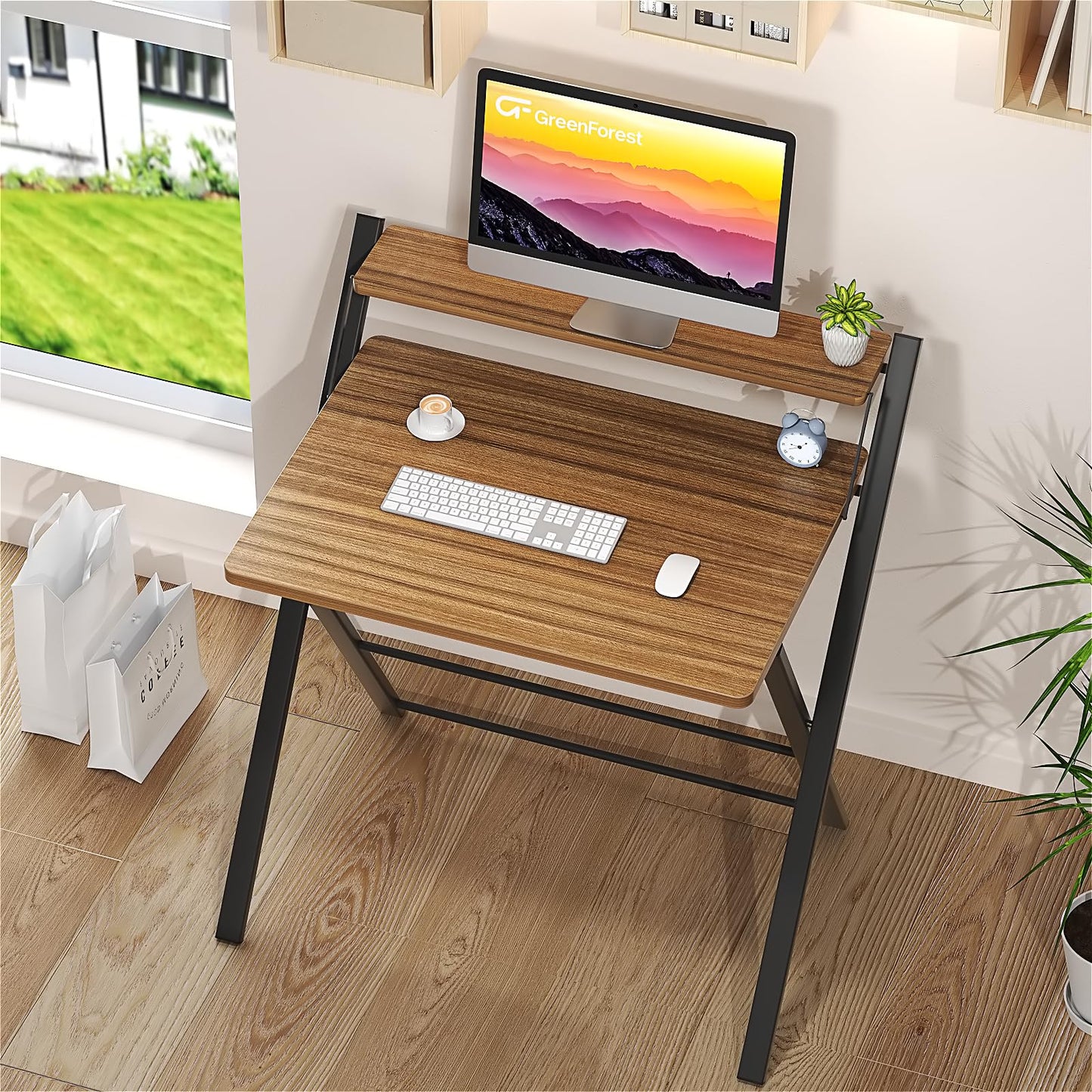 GreenForest No Assembly Folding Desk, 2-Tier Compact Computer Desk with Shelf, Space Saving Foldable Table for Home Office, Dorm or Apartment, Portable Collapsible Sturdy Laptop Desk, Espresso