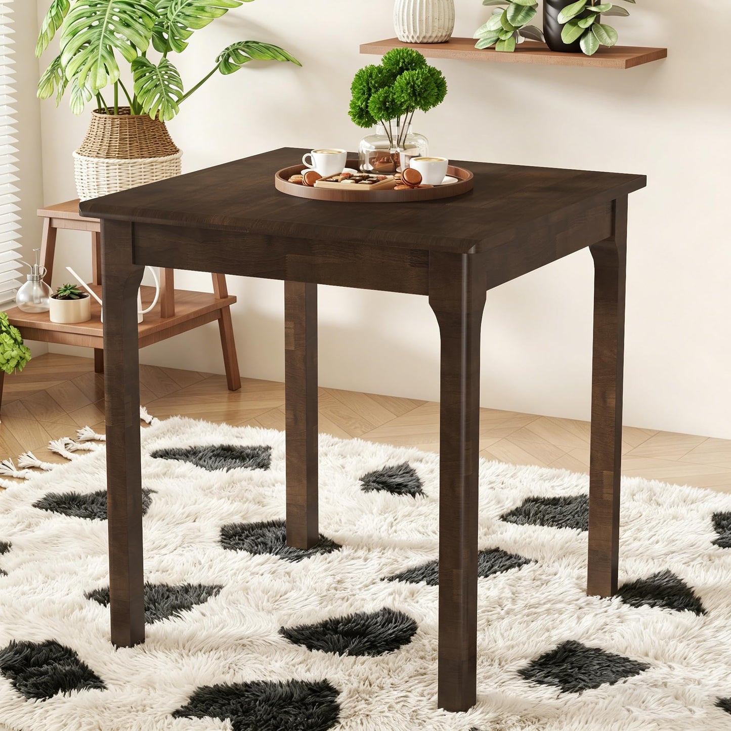 YEMNMFH 27.6” Square Dining Table - Small Kitchen Table with Solid Wood Legs, Mid Century Modern Desks for Small Spaces, Wooden Dining Room Tables for Kitchen, Living Room & Dining Room, Walnut Color