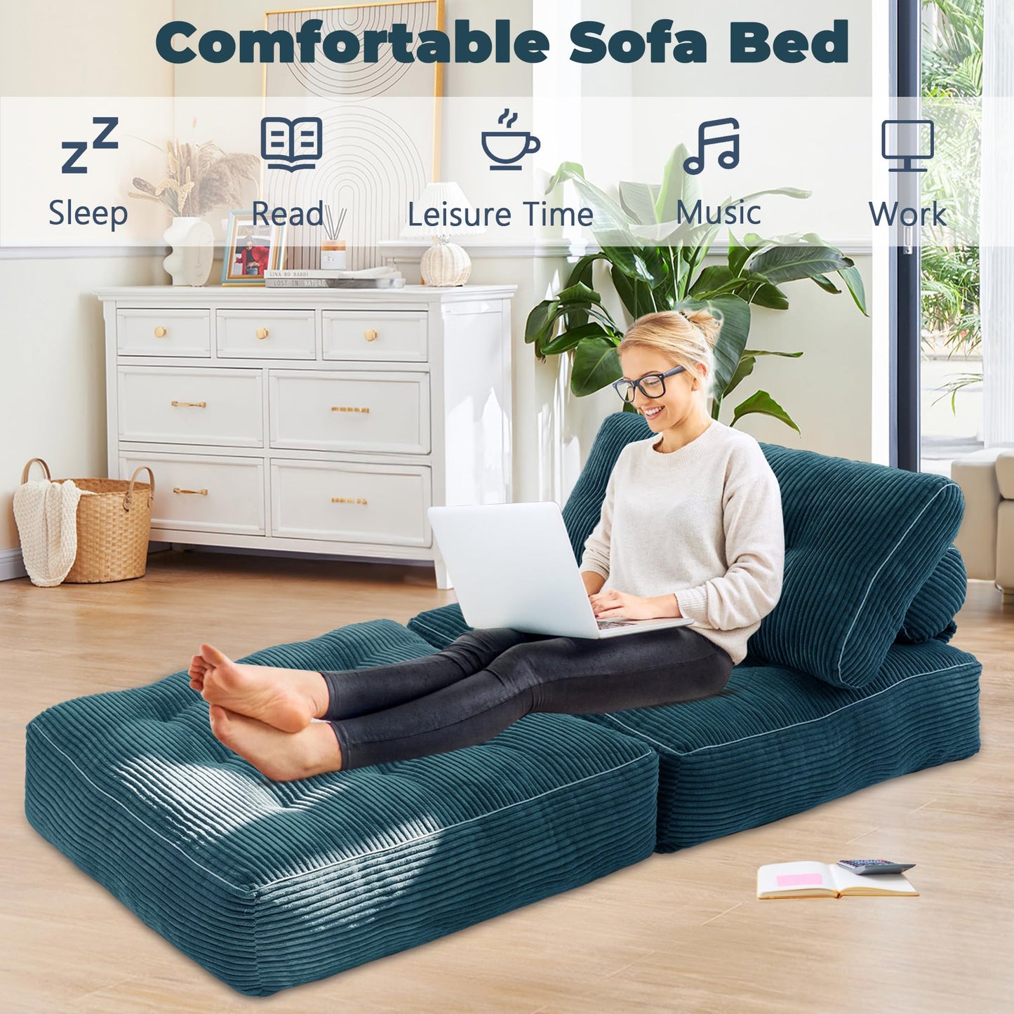 LFCREATOR Folding Sofa Bed,Convertible Sleeper Chair for Adults, Folding Sofa Bed Foam Filling Couch with Pillow，Sleeper Chairs Single Size Floor Mattress,Dark Blue