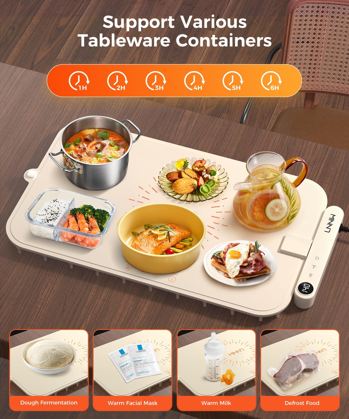 LNNIW Waterproof Food Warming Mat, Color-Changing Electric Heating Tray with 6-Level Temperature Control, 1-6h Timers, Dishwasher-Friendly Food Warmer Mat for Parties, Buffets, and Kitchen Use.