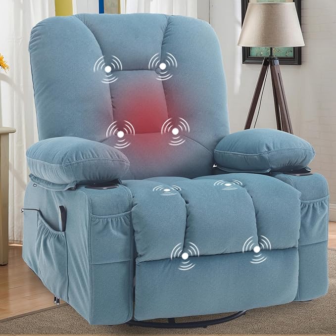 KCREAM Rocker Recliner Chair with Massage & Heat, 360° Swivel Glider Recliner with Cup Holder, Overstuffed Soft Fabric Recliner for Living Room Nursery RV, Blue