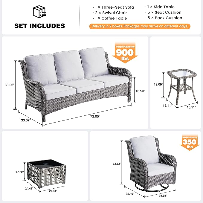 ovios 5 Pieces Patio Furniture Set, Outdoor Wicker Sofa Couch with Swivel Chairs Solar Lights Table, High Back Modern All Weather Conversation Sets, Grey Rattan, Grey