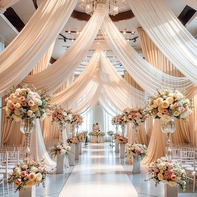 Wedding Arch Draping Fabric, 2 Panels 18FT Champagne Sheer Backdrop Curtain Chiffon Fabric Drapery Voile Scarf Draping Panels for Wedding Archway Ceremony Curtain Valance Party Decoration