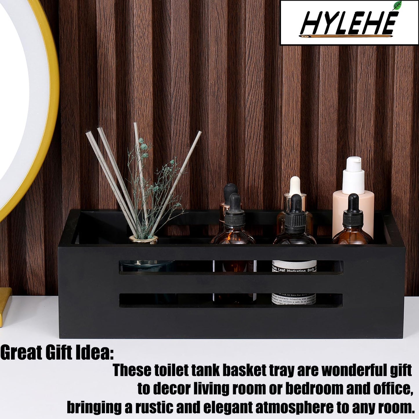 Black Decor Box Wooden Toilet Tank Paper Basket with Handles for Organizing,Bathroom Decor Box for Toilet Paper Storage