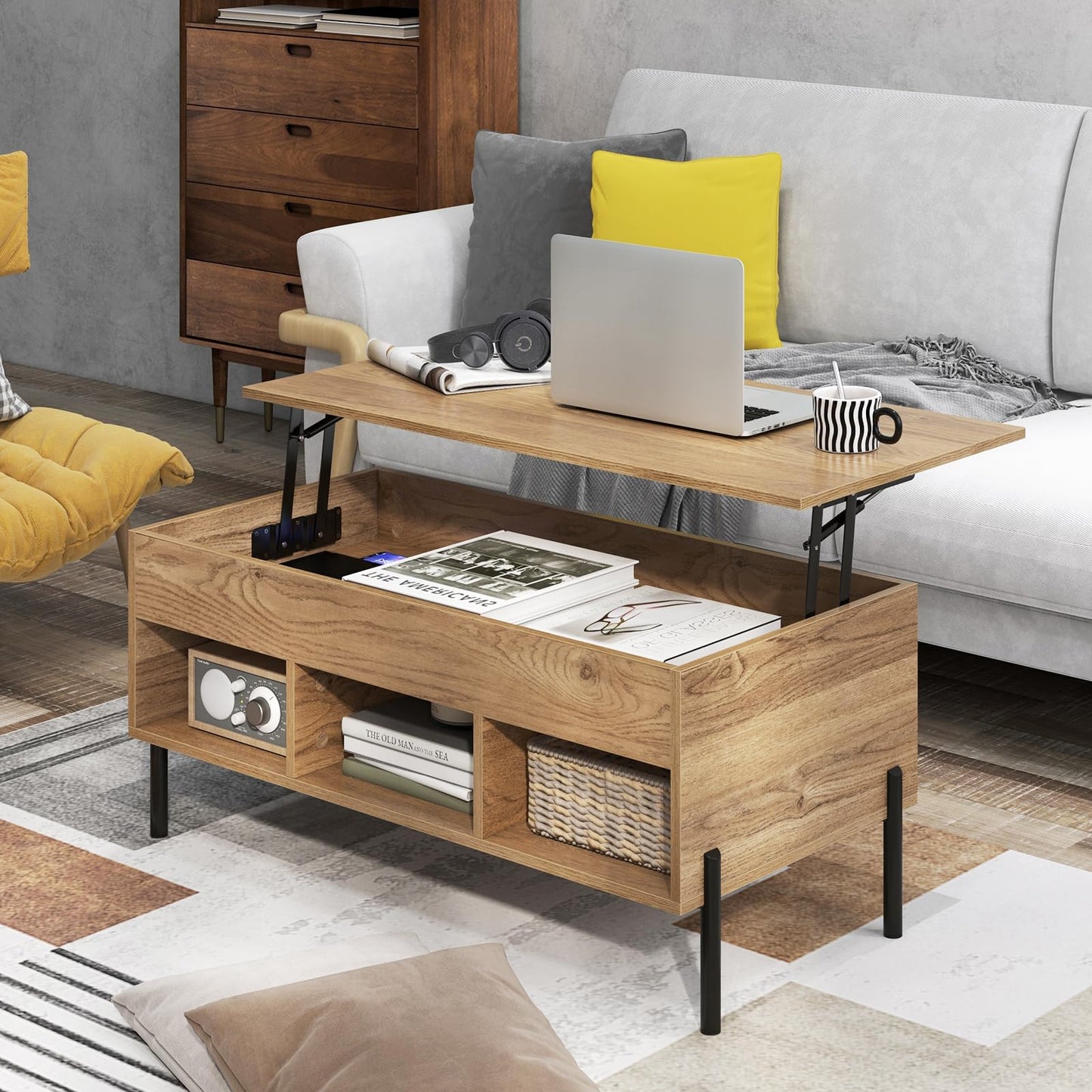 Tangkula Lift Top Coffee Table with Metal Legs, Rising Center Table w/Hidden Compartment & 3 Open Cubbies, Multifunctional Wood Dining Working Table for Living Room Reception Room (Natural)