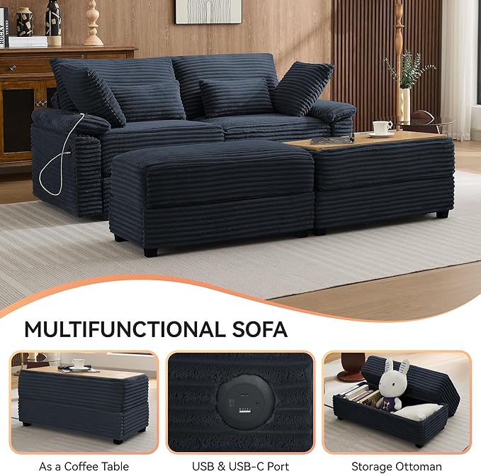 75" Corduroy Loveseat with Storage Ottoman, Cloud Deep Seat Couch with Convertible Ottoman Coffee Table & USB, Double Chaise Lounge for Living Room, Blue