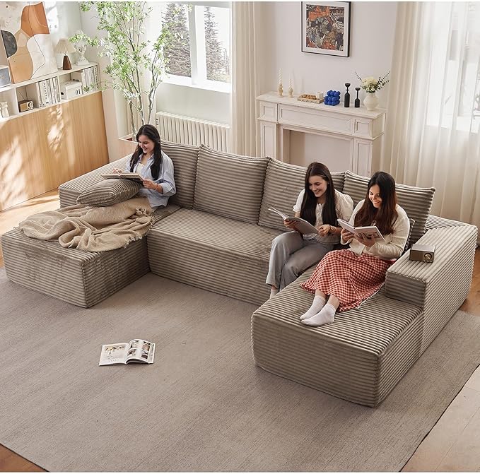 Sectional Cloud Couch for Living Room, Modular Floor Deep-Seat Sofa, Big Comfy Corduroy Couches Set with Fluffy Memory Foam, Stupendous U Shaped Sofas, No Assembly Required, Camel