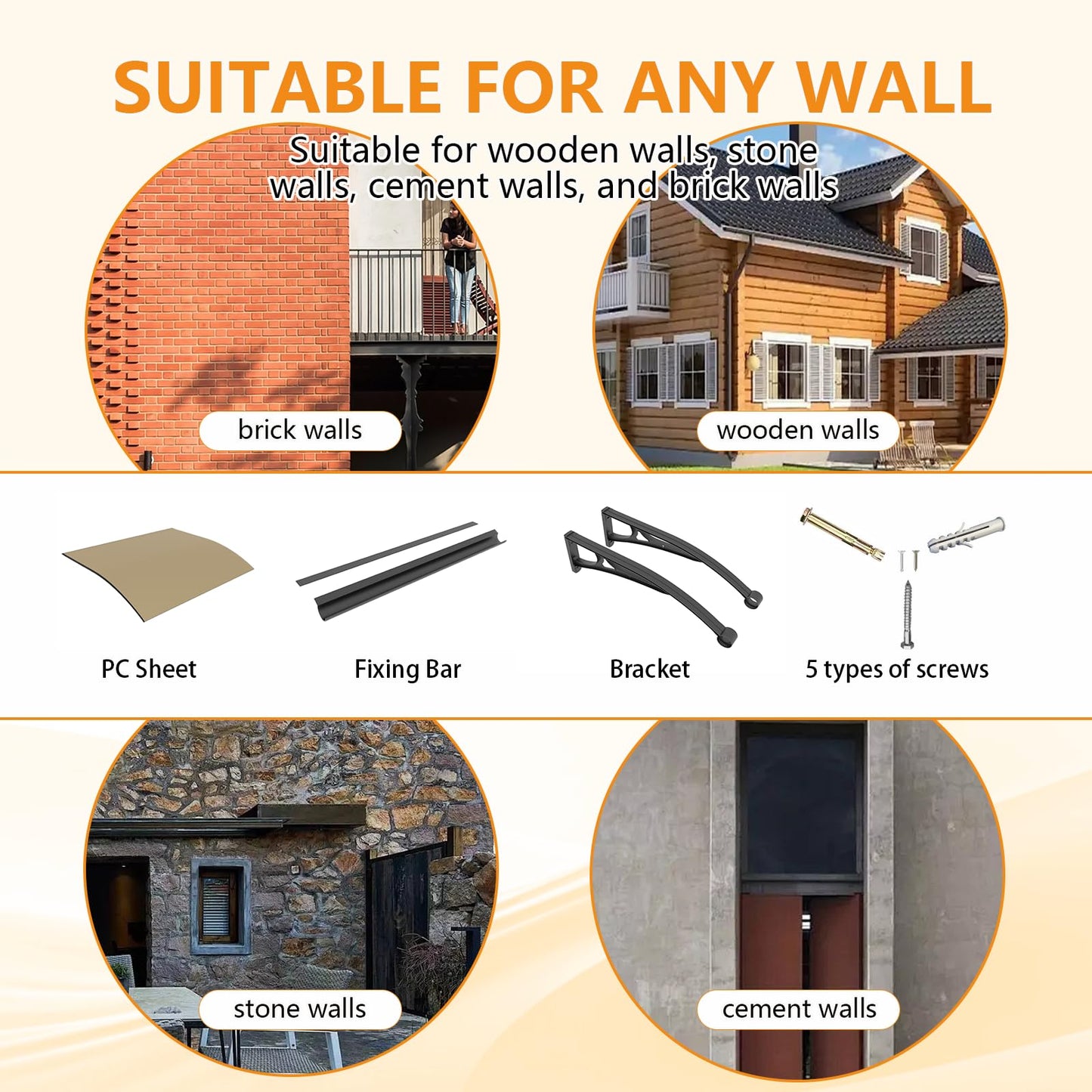 GUANSU-CN Door Awning Window Canopy,40x60 Inches Awnings for Doors with Sink,Polycarbonate House Outdoor Patio Awning Canopy UV Rain Snow Sunlight, Porch Awning with Sturdy Aluminum Bracket