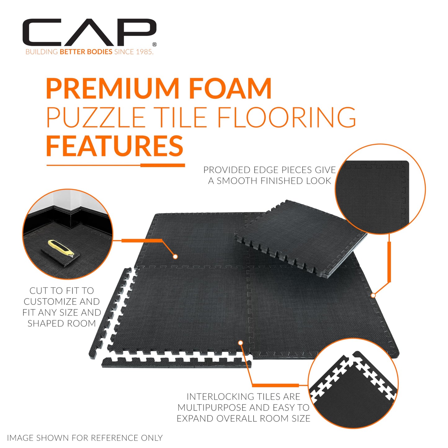 CAP Barbell 1/2-Inch Interlocking EVA Foam Exercise Puzzle Mat Home Gym Flooring - 1 Pack | 24" x 24" x 1/2" | T Pattern - Black