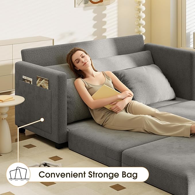 Myroyalsit 65" Convertible Loveseat Sofa Bed, 2-in-1 Folding Sofa Bed with 2 Pillow for Small Spaces, Modern Loveseat Sleeper Couch for Apartment, Living Room & Guest Room (Grey Chenille, 65 inch)