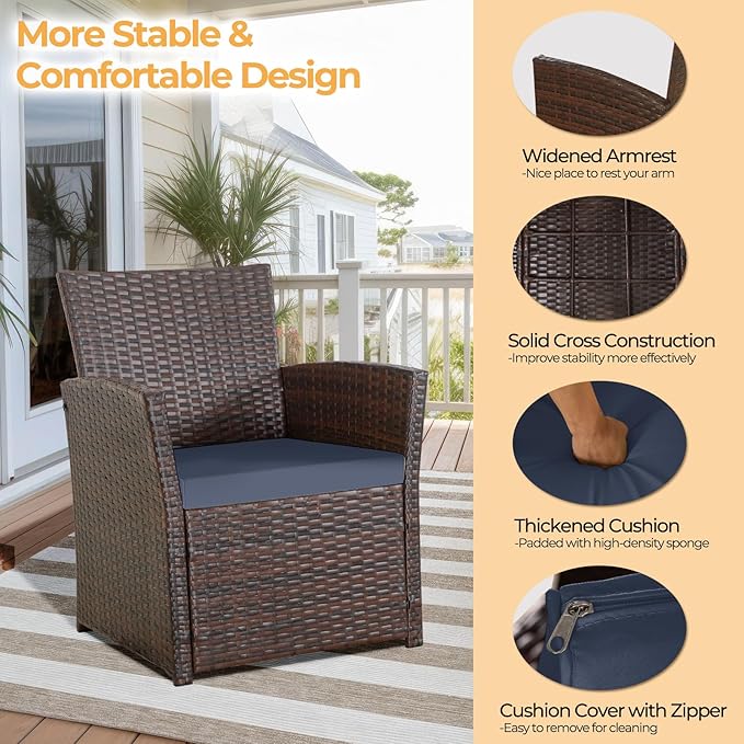 FHFO 4 Piece Outdoor Patio Furniture Sets, Patio Sectional Furniture Conversation Sofa Set, Rattan Table and Chairs and Loveseat with Cushions for Outside Balcony Porch Backyard (Brown-Blue)