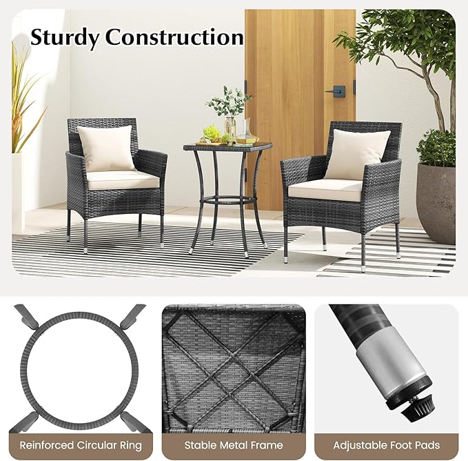 Tangkula 3-Piece Patio Furniture Set, PE Wicker Conversation Bistro Set w/A Tempered Glass Table & 2 Cushioned Chairs, Outdoor Table & Chairs Set for Patio Porch Yard Garden (Mix Gray+Off White)