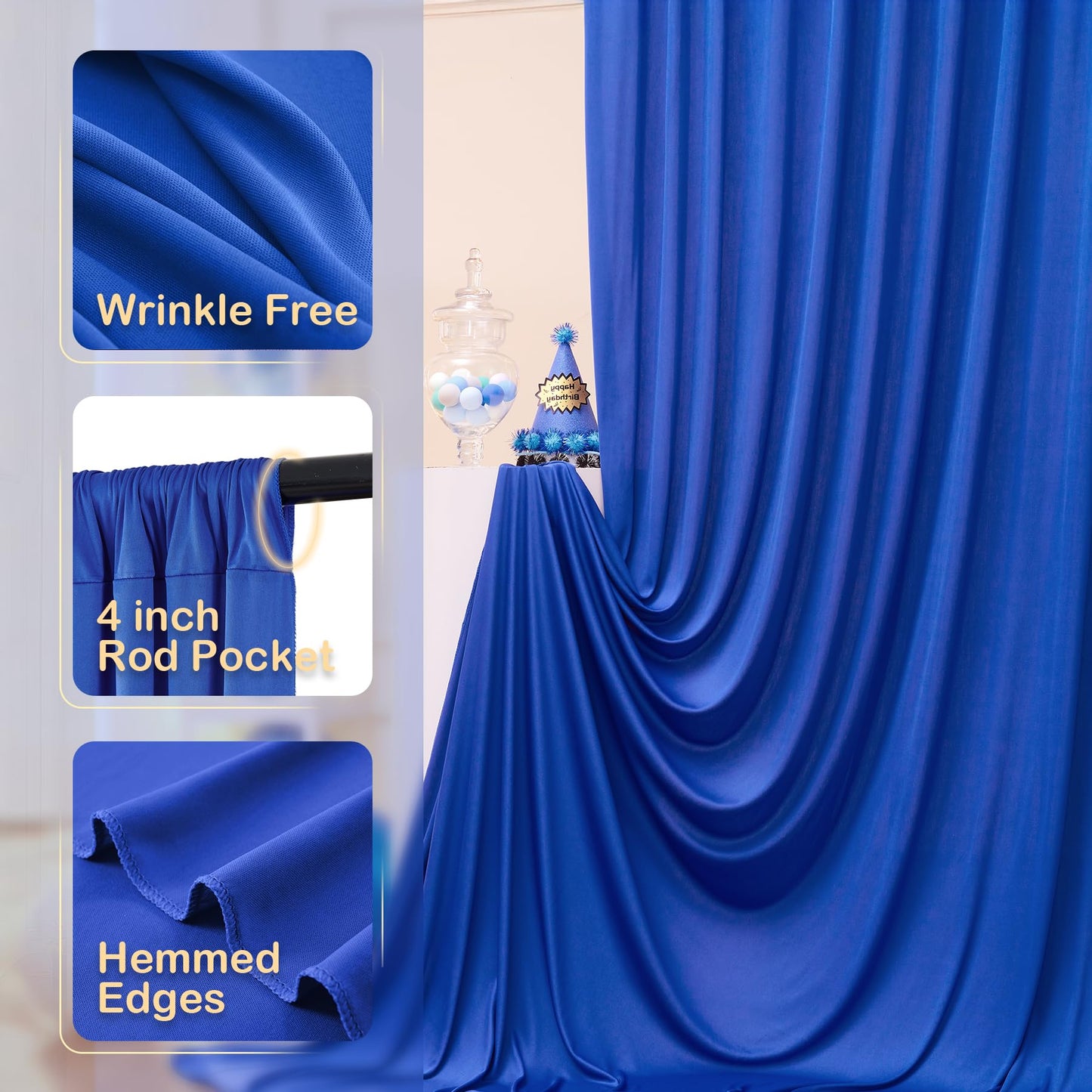 20ftx10ft Wrinkle Free Royal Blue Backdrop Curtains for Party Background, 4 Panels Silky Polyester Photo Backdrop Drapes 4 Panels Back Drop Cloth for Wedding Birthday Photography Baby Shower Decor