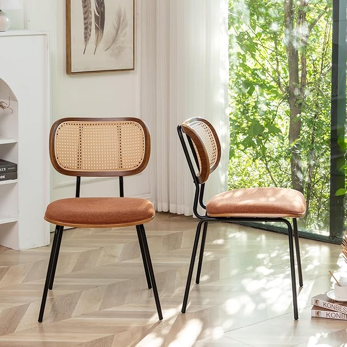 HOCEWI Rattan Dining Chairs Set of 4, Christmas Dining Chairs Mid Century Modern with Cane Back for Kitchen Dining Room, 19 Inch Fabric Orange