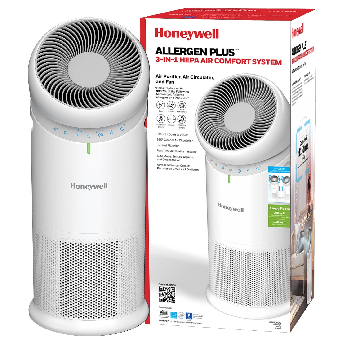 Honeywell Allergen Plus™ 3-in-1 HEPA Air Purifier for Home, Fan & Adjustable Airflow for Large Rooms up to 1928 Ft², Air Quality Sensor, Reduces Allergens, Pet Dander & Odors, HPA6000, White