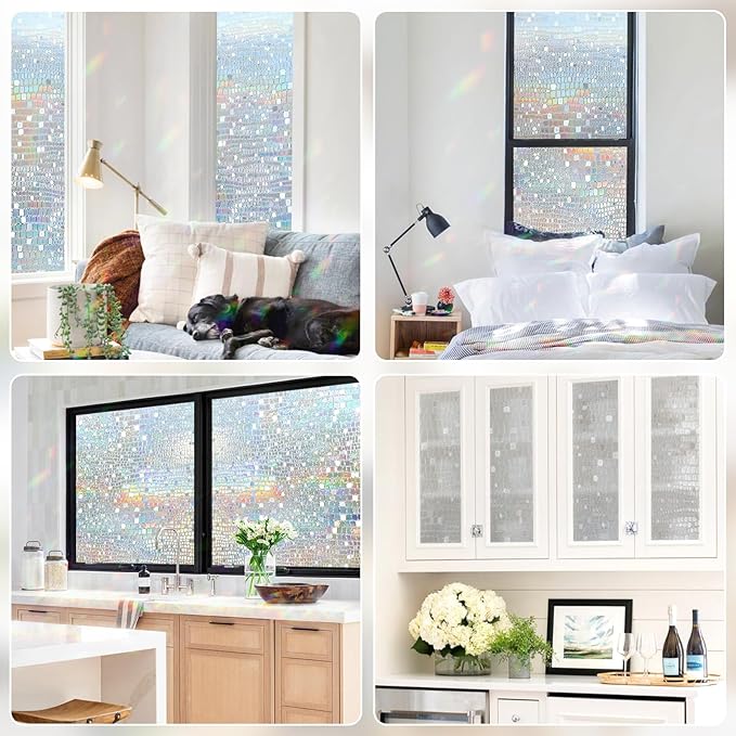 rabbitgoo Window Privacy Film Rainbow Window Film, Mosaic Decorative Stained Glass Cling, Removable Static Cling Tint UV Blocking, Non-Adhesive Privacy Covering, 17.5 x 118.1 inches