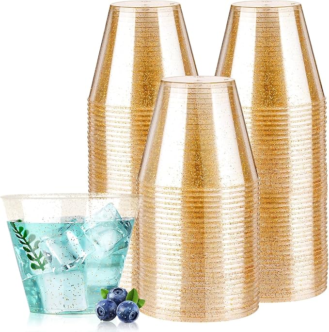Goodluck 9 oz 100 PCS Gold Glitter Plastic Cups, Disposable Glitter Cups, Elegant Plastic Cocktail Glasses, Fancy Party Cu...