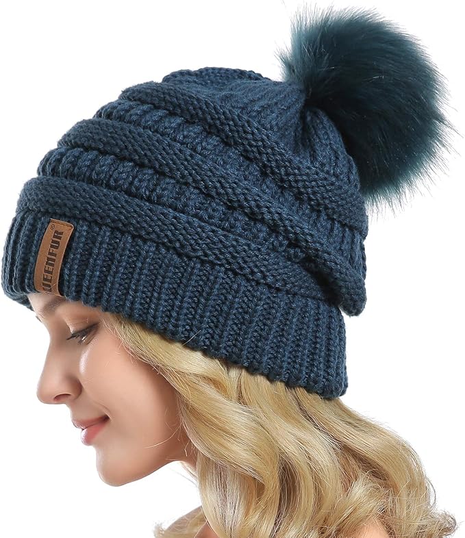 QUEENFUR Women Knit Slouchy Beanie Chunky Baggy Hat with Faux Fur Pompom Winter Soft Warm Ski Cap