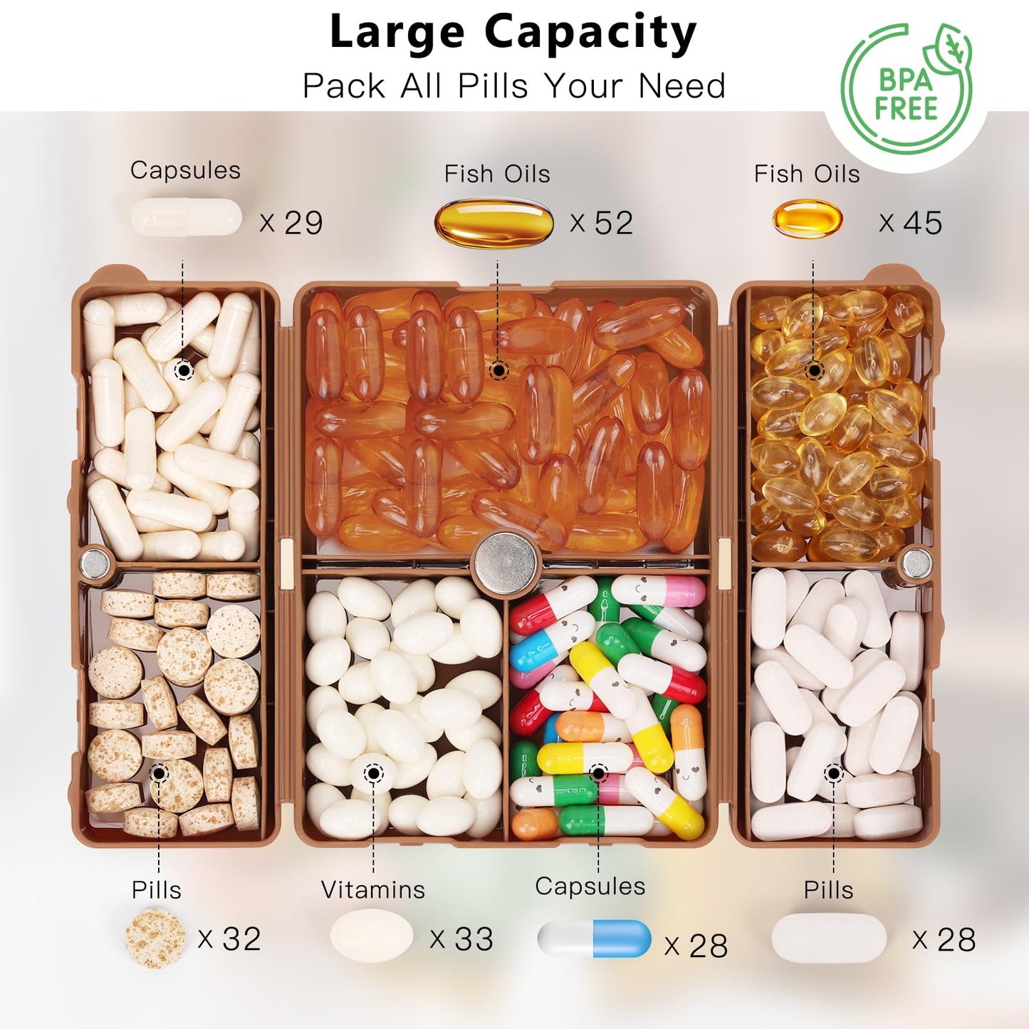 FYY 2 Pcs Daily Pill Organizer, 7 Compartments Portable Pill Case Travel Pill Organizer,[Folding Design] Pill Box for Purse Pocket to Hold Vitamins,Cod Liver Oil,Supplements and Medication-Brown