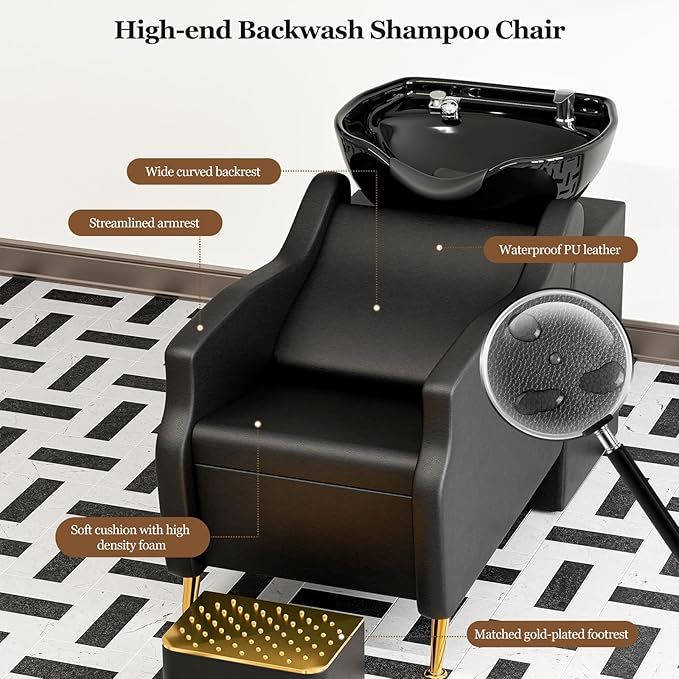Paddie Shampoo Chair and Bowl Set of 2 for Salon, Backwash Shampoo Station Sink with Ceramic Bowl and Foot Stool, Barbershop Spa Equipment