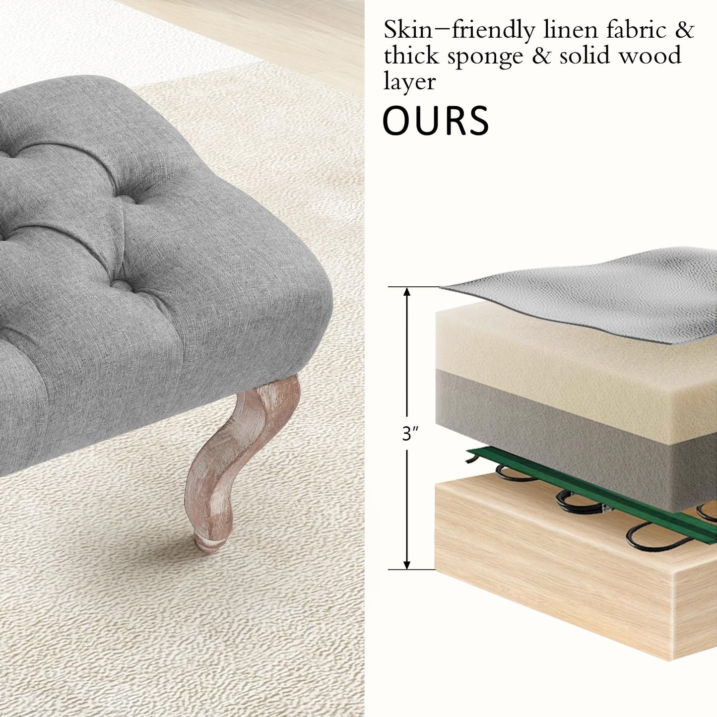 DAGONHIL Bedroom End of Bed Bench Entryway Footstool Window Bench Button-Tufted Footrest Vintage Bench Fabric Rubber Wood Indoor Bench Gray