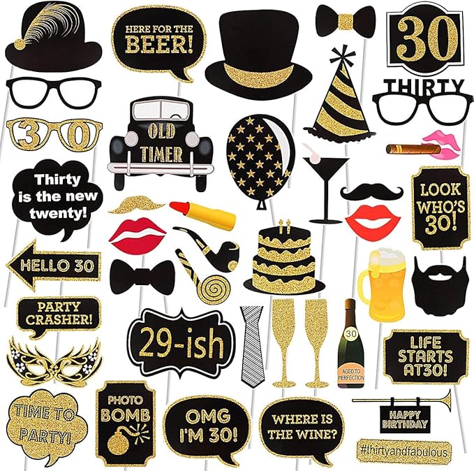 Adult 30th Birthday Photo Booth Props(41Pcs) for Her Him Dirty Thirty 30th Birthday Party, Gold and Red Decorations,30 Bir...