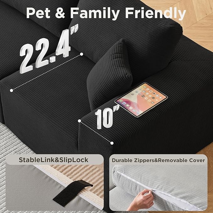 INGEROOM 108" Cloud Sectional Couch with Chaise, Modular L-Shaped Sofa, Deep Seat Comfy Corduroy Memory Foam Couch for Apartments, Dorms or Small Space, No Assembly Required, Black