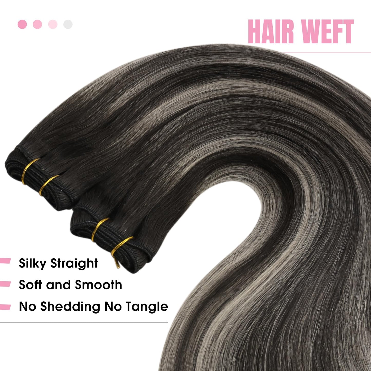 YoungSee Weft Human Hair Extensions Ombre Black Human Hair Weft Extensions Blend of Black and Silver with Black Roots Black Sew