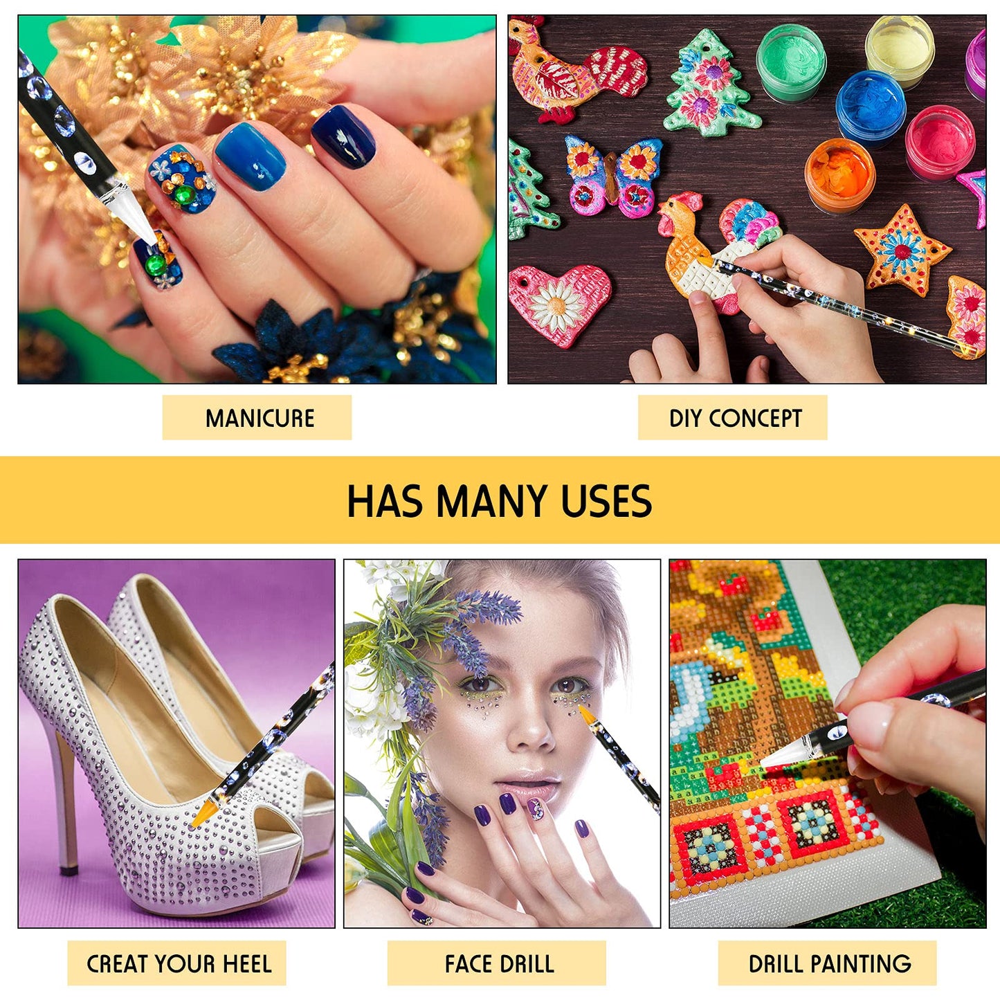 20 Pcs Rhinestone Picker Pen Set, 16 Yellow and White Self Adhesive Nail Dotting Wax Pen with 4 Triangular Bead Separator, Cryst