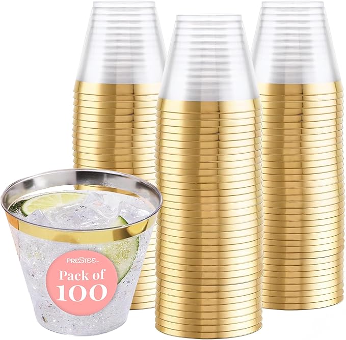 Prestee 100-Pack 9oz Gold Rimmed Plastic Cups Disposable Wine Glasses for Charcuterie, Weddings, Parties, and Events - Ele...