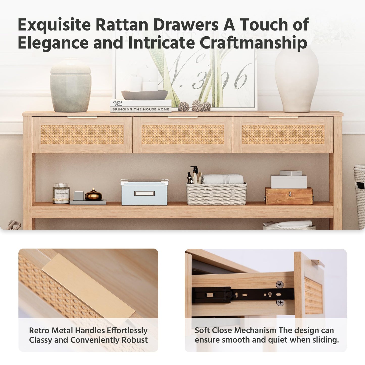 LAUSAINT HOME Narrow Console Table, 51" Entryway Table with 3 Rattan Drawers, Sofa Table Behind Couch/Sofa with 2 Storage Shelves, Natural Wood Console Table for Living Room, Bedroom, Hallway, Foyer