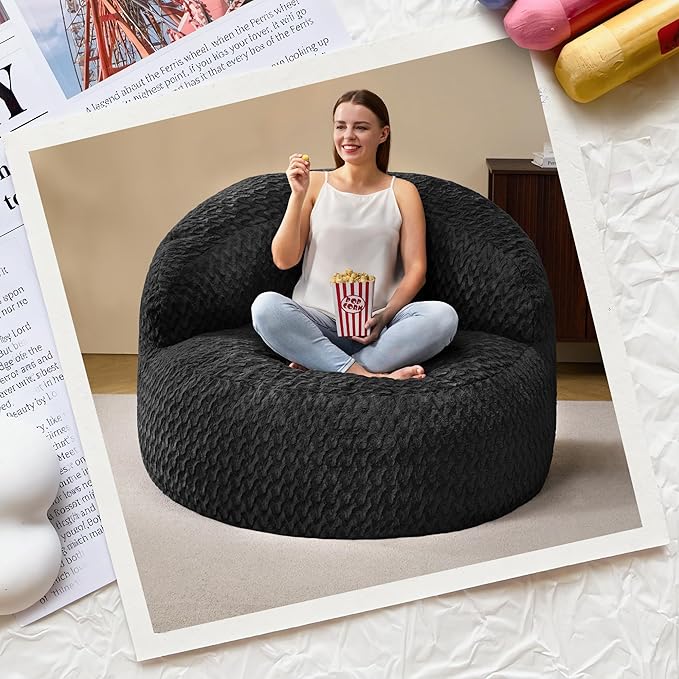 Hobestluk Bean Bag Chair Giant Bean Bag Chairs for Adults Big Bean Bag Chair with Memory Foam Filler Adults Large Beanbag with Faux Fur Cover for Bedroom (Chevron Black,Oversize)