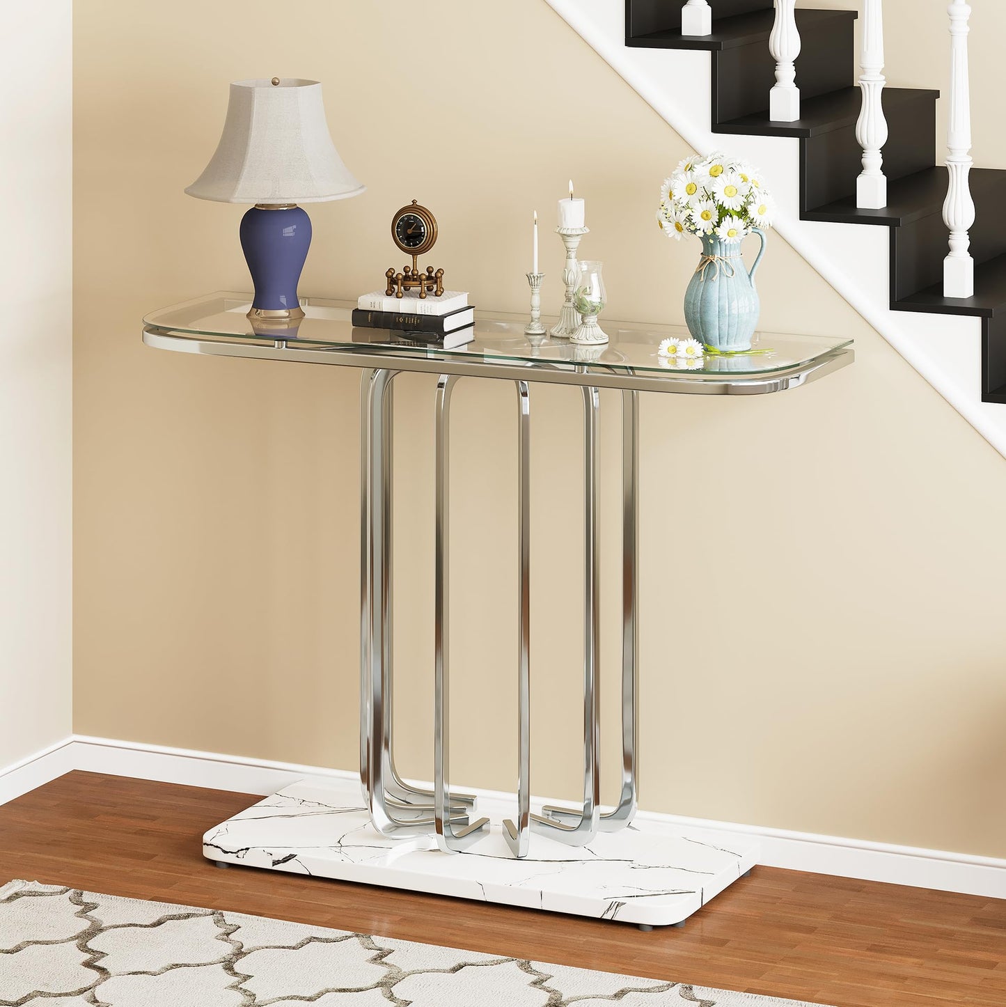 O&K FURNITURE 43" Modern Glass Console Table with Curved Chrome Frame & Faux Marble Base, Silver Narrow Sofa Table for Entryway, Living Room, Hallway, Home Office
