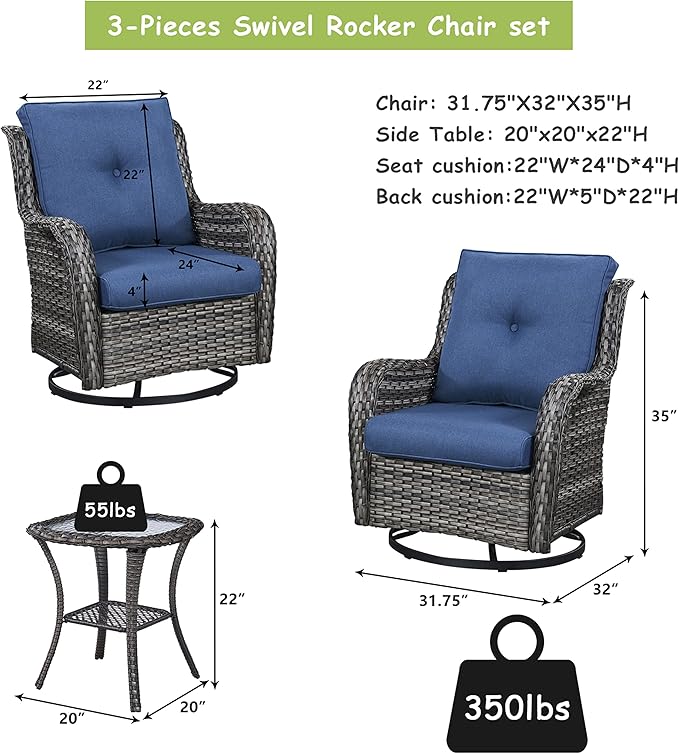 Rilyson Wicker Rocking Chair Swivel Chairs – 6 Piece Rocker Patio Furniture Set Rattan Rocking Bistro Sets with Glass Top Side Table for Outdoor Porch Deck Garden Backyard(Mixed Grey/Blue)