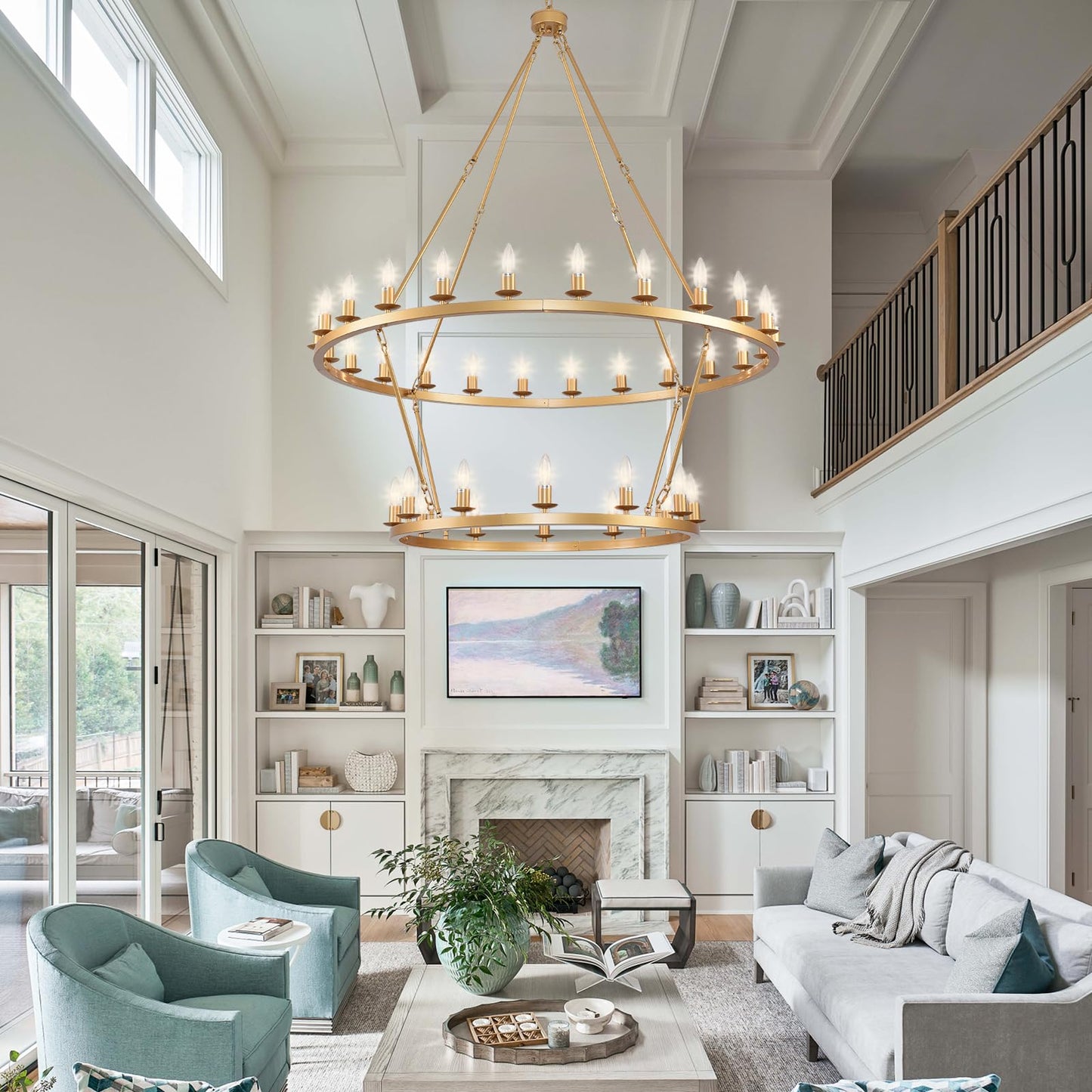 JKLX 48 Inch 2 Tier Gold Extra Large Wagon Wheel Chandelier 36-Lights Farmhouse Industrial Round High Ceiling Pendant Light Adjustable Chain, for Dining Room, Living Room